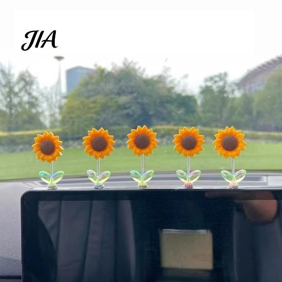Compact Dashboard Flowers 5Pcs Wobble Sunflower Car Decor, Resin Spring Flower Ornament Cute Office Desk Decorations with Non Slip Adhesive,