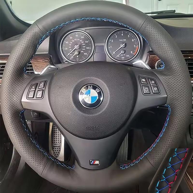 Для BMW E81 E90 Пакет M Sport M3 E91 E92 E93 E87 E82 E88 X1 E84 Полностью Черная Кожаная Оплетка Руля Автомобиля Мягкое Кожаное Покрытие