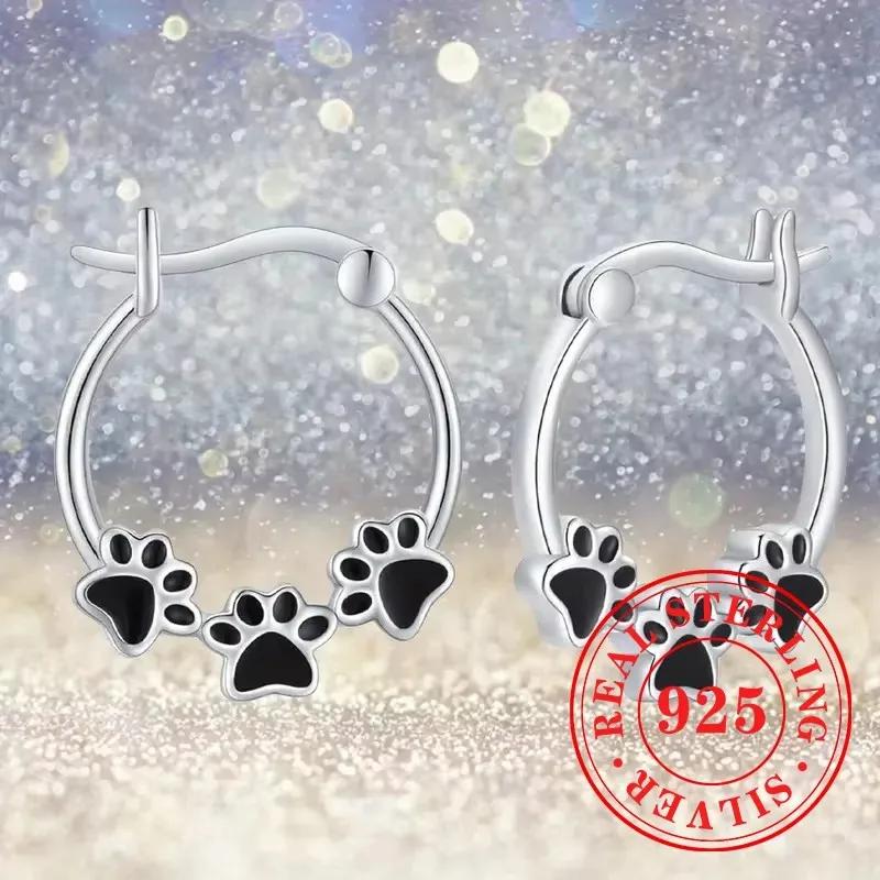 Sweet Shiny White CZ Heart Pierced Earrings for Girls Sterling Silver Cute Pet Paw Prints Jewelry Daily Party Jewelry
