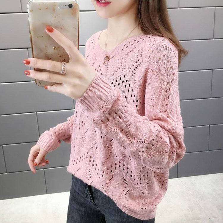 Hollow Knitted Sweater Women's Pullover Spring and Autumn V-neck Blouse Loose Outer Sweater Bottoming Shirt