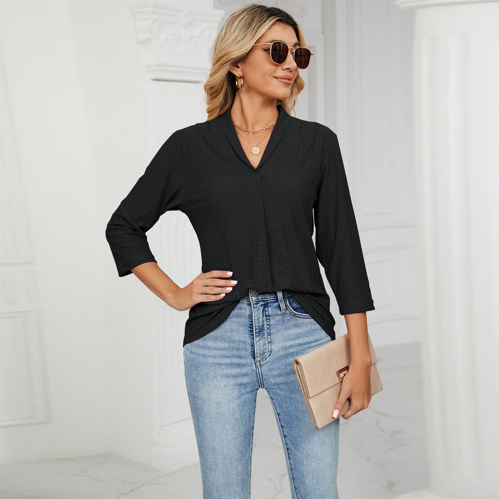 GMXIA Женские модные повседневные однотонные блузки и рубашки с v-образным вырезом и рукавом 3/4 с принтом