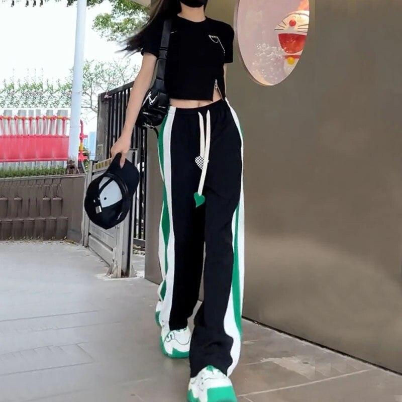 Женские весенние свободные брюки в стиле ретро на шнуровке, повседневные бегуны, мешковатые спортивные штаны с широкими штанинами, спортивные штаны в полоску с высокой талией Y2k, женские