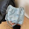 Korean Version Bow Pu Fashion Bag Women's Solid Color Chain Underarm Bag High-end Niche Soft Leather Pleated Shoulder Bag