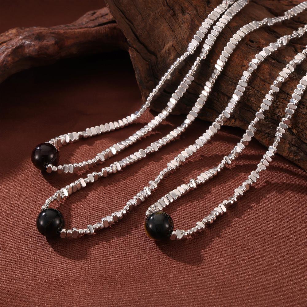 Минималистичное корейское ожерелье-подвеска «Тигровый глаз» с посеребрением и дизайном из титановой стали