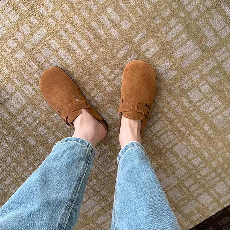 Baotou Half Slippers Women's 2025 Autumn and Winter New Cowhide Retro Muller Shoes Flat Casual Leather Ugly Cute