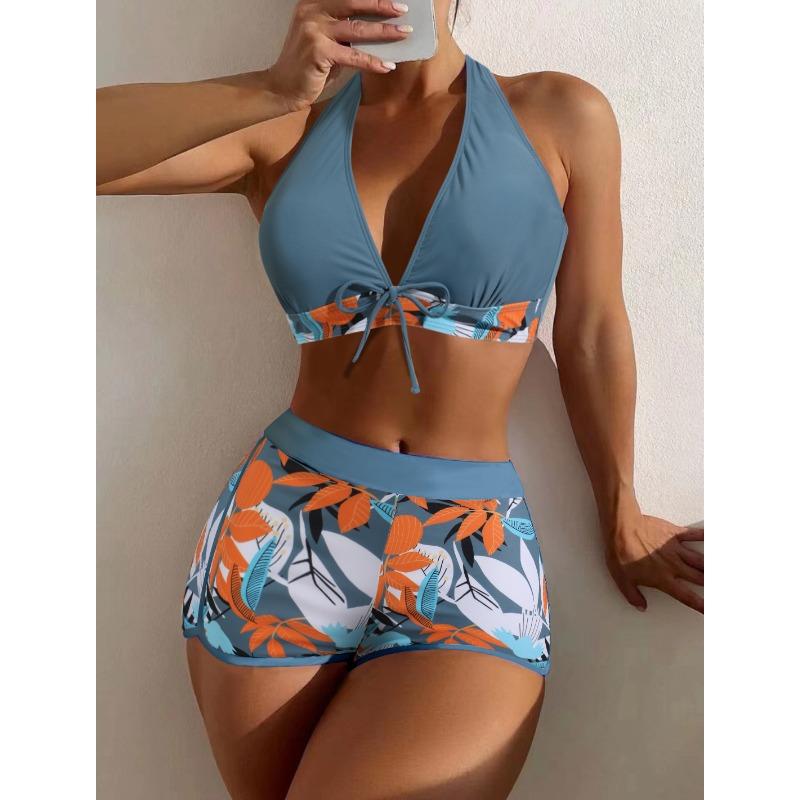 Fashion printed swimsuit new large size women's neck high waist flat angle conservative beach swimsuit