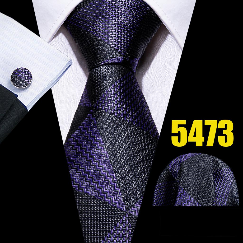 Barry.Wang Mens Novelty Plaid Striped Neckties Handkerchief Cufflinks Set Formal Casual Business