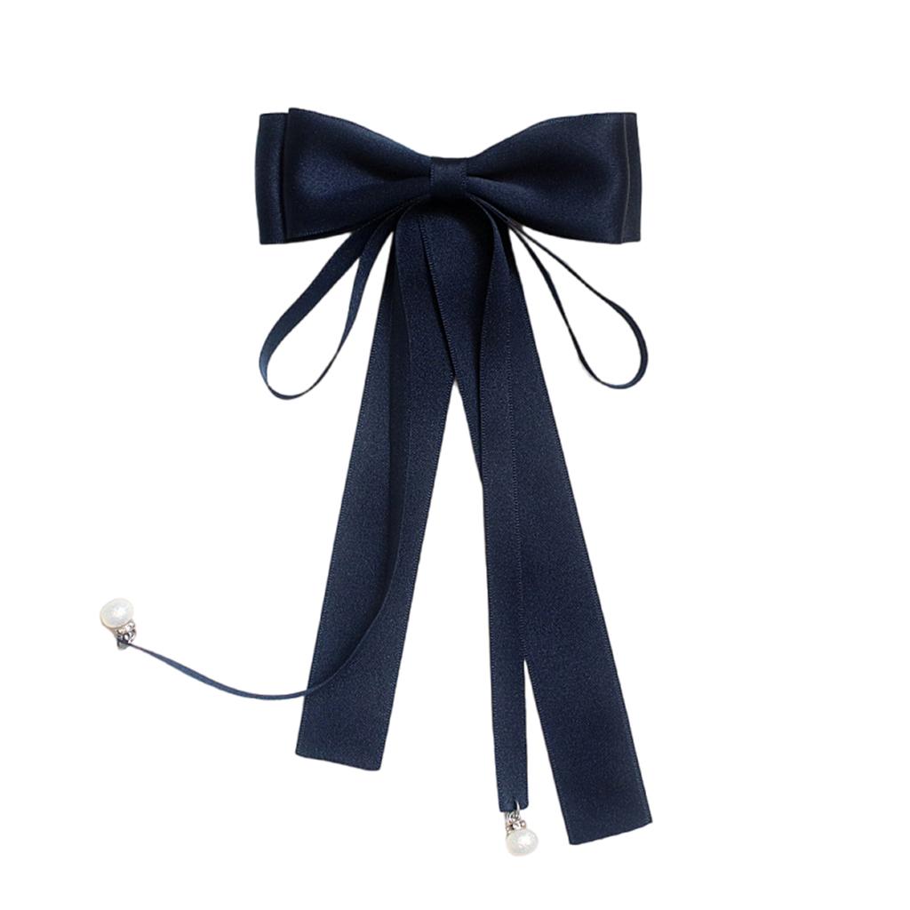 Elegant Pearls Long Ribbon Bowtie with Pin Pre Tied Adjustable Preppy Styles Bowknot Necktie for Fashionable Women Ties
