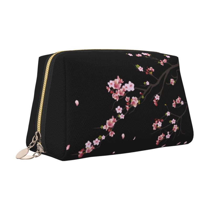 Japanese Sakura Cherry Blossom Leather Makeup Bag Women Foldable Waterproof Travel Storage Pouch Portable Toiletry Cosmetic Bag