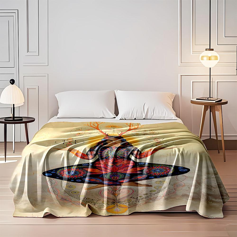 Intricate floral and mandala patterns radiate from a meditative figure. for all seasons blanket lunch break throw gift