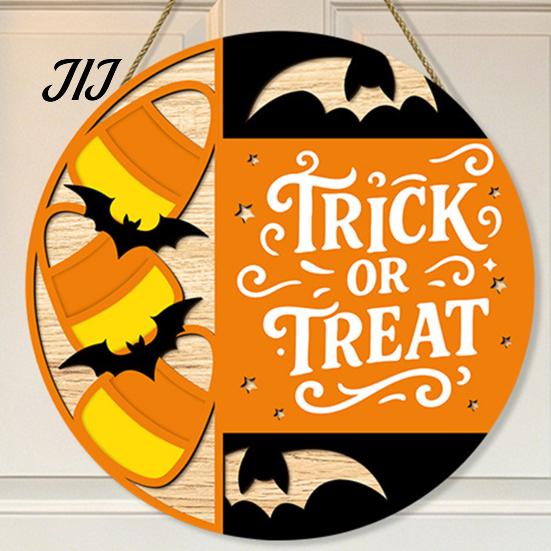 Seasonal Hanging Sign Halloween Trick or Treat Wooden Door Sign, Retro Round Bat Silhouette Decor Plaque for Home Front Wall & Party Decoration
