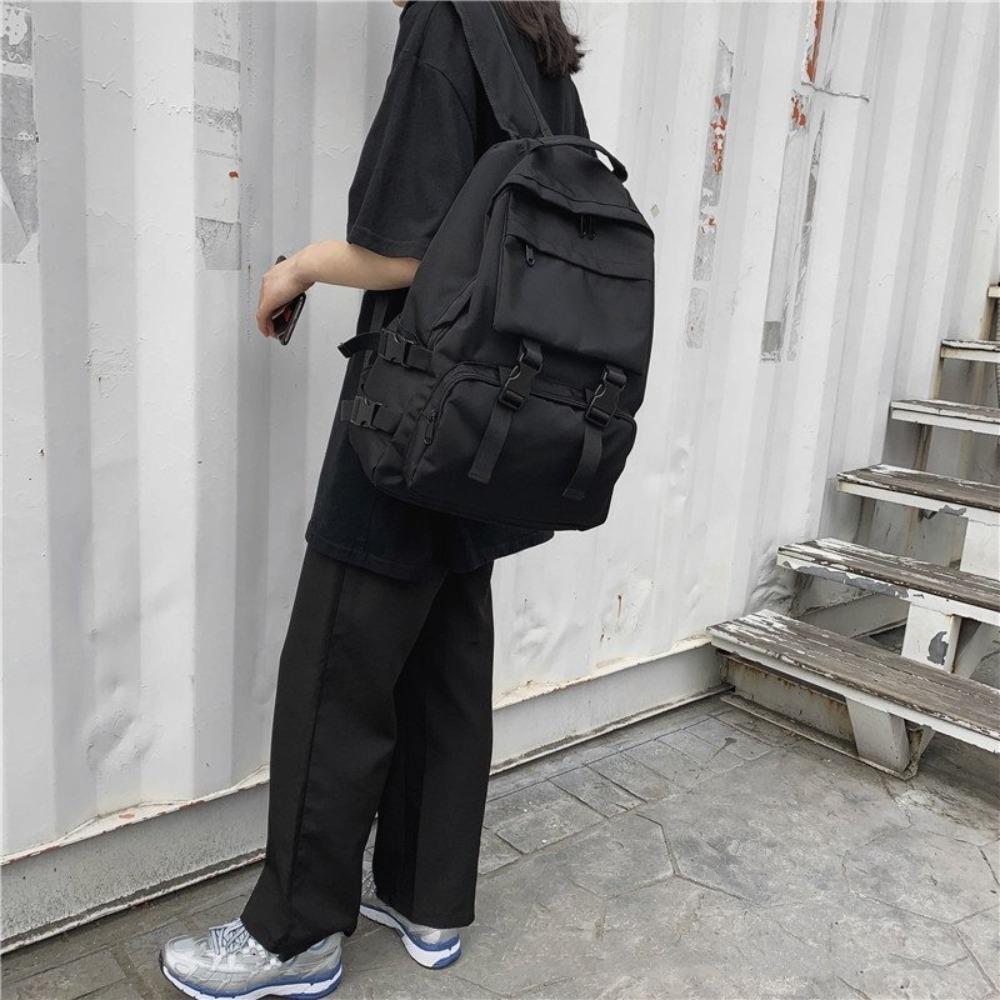 Large Capacity Canvas School Bag Solid Color Shoulders Bag Simple Students Backpack Women/Men