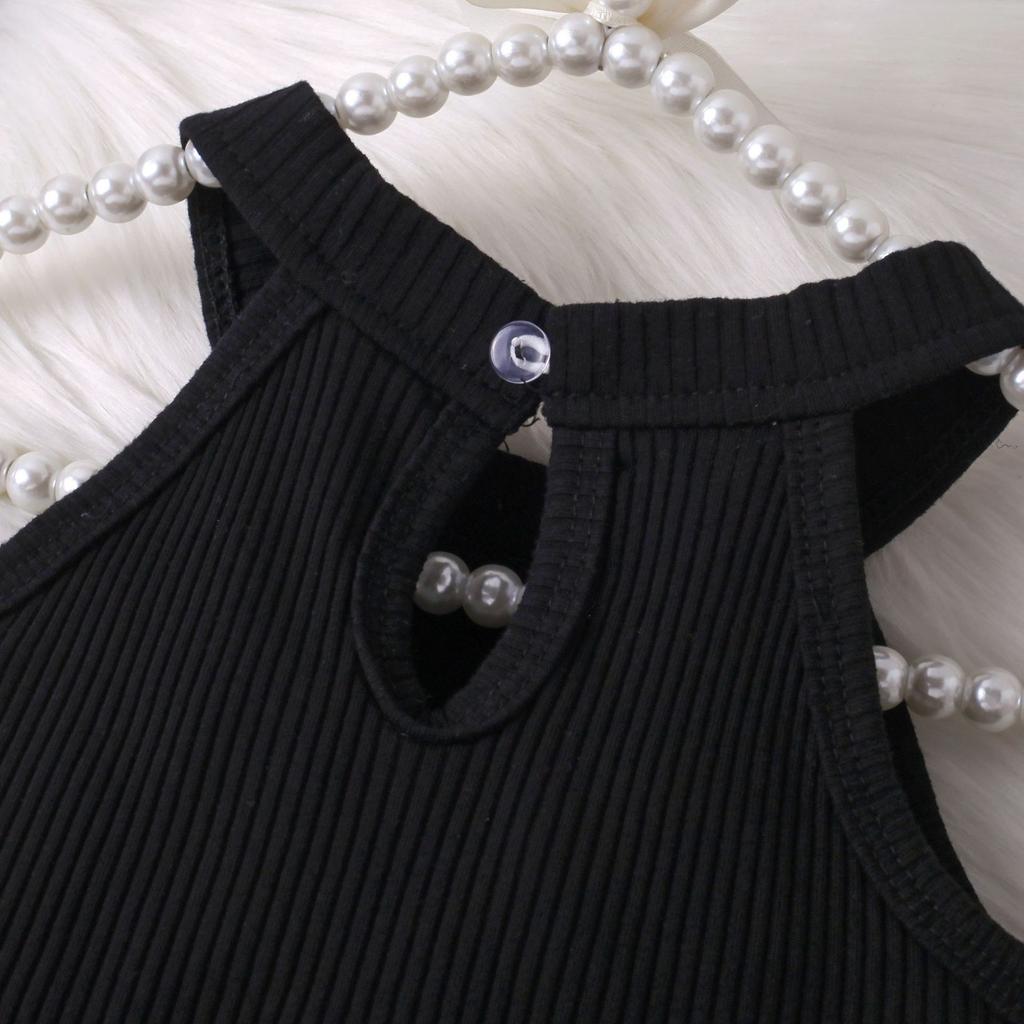 Модный комплект для девочек, летний детский повседневный топ без рукавов с халтернеком, кожаный пояс, комплект из трех предметов