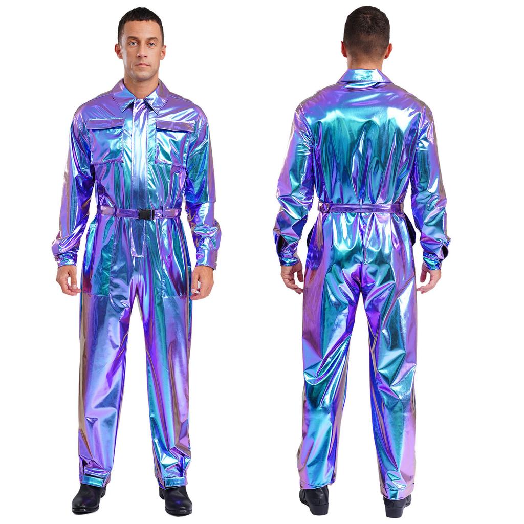 Mens Shiny Metallic Turn Down Collar Long Sleeve High Waist Jumpsuit Halloween Costume