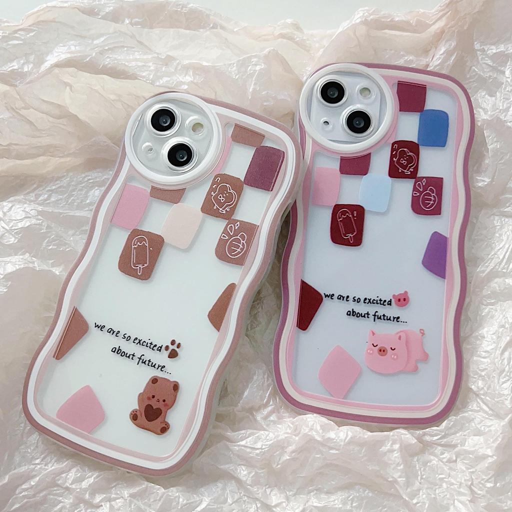 Transparent Wave Edge Painted Silicone Case for Xiaomi Redmi Note 10 11 12 iPhone 15 14 13 11 Samsung A54 A34 A24 Funda Cat Piggy Bear Cover Bumper