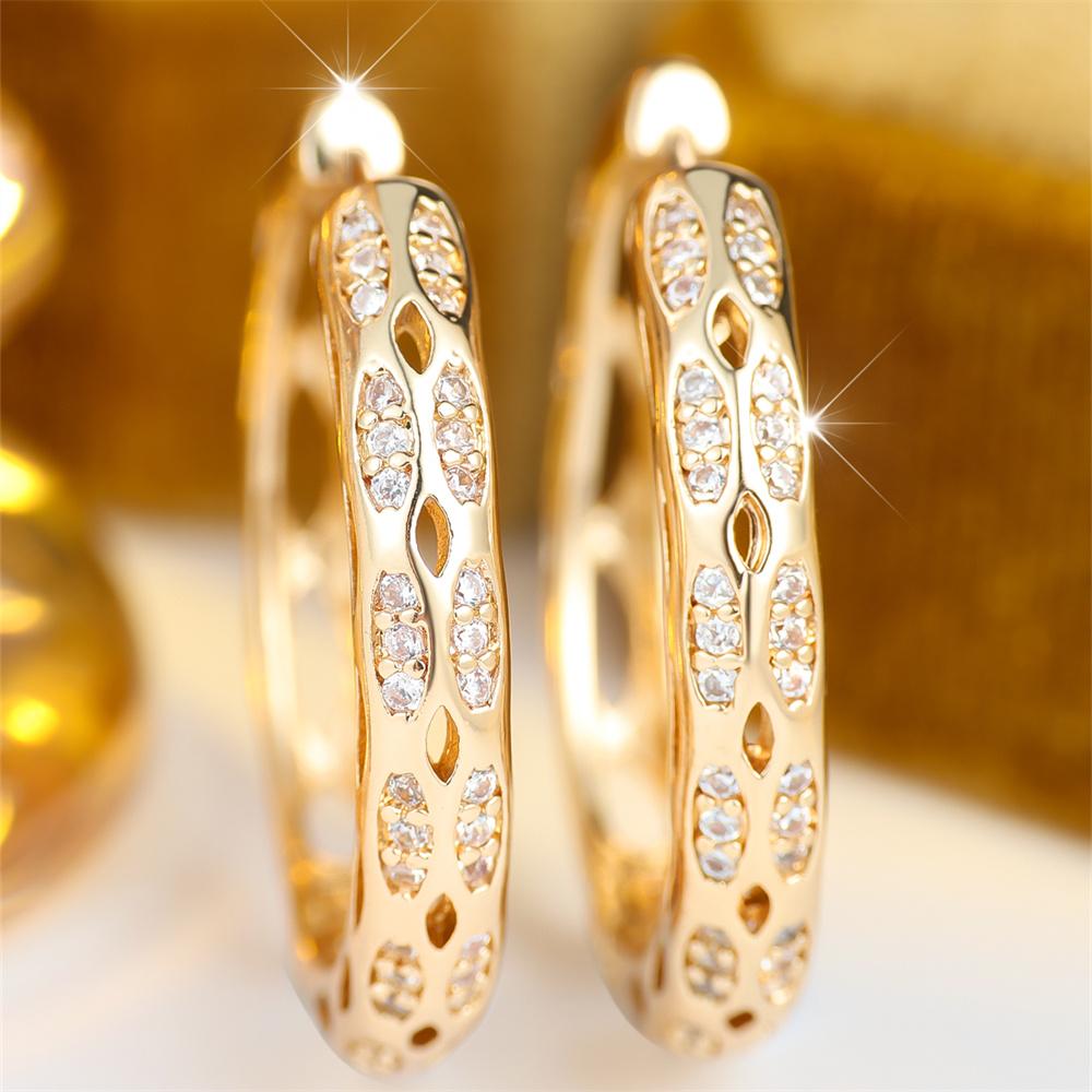 Geometric Hollow White Zircon Small Round Stone Hoop Earrings For Women Gold Color Ear Buckle Wedding Jewelry Versatile Gifts