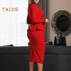 Women Business Dress Square Neck Long Sleeve Pure Color Ruffle Patchwork Slim Fit Sheath OL Commuting Formal Midi Dress