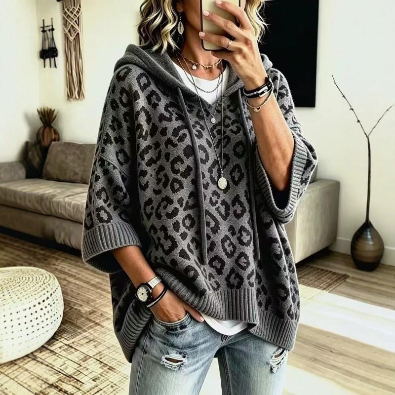 Leopard Print Hooded Knit Sweater Women Loose Fit Long Sleeve Pullover Casual Top