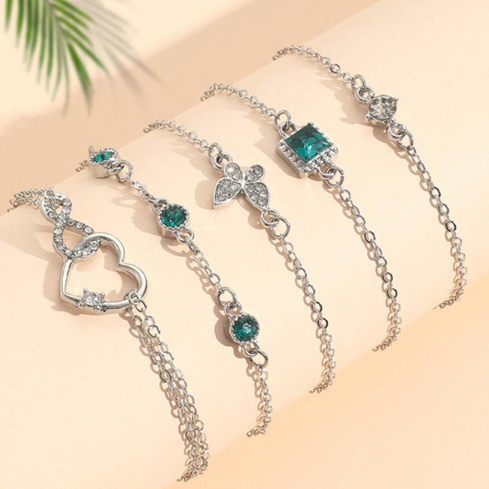 5 Piece Set Of Ladies Fashionable And Elegant Jade Sparkling Square Butterfly Heart Bracelet Wedding Birthday Zircon Gift Party