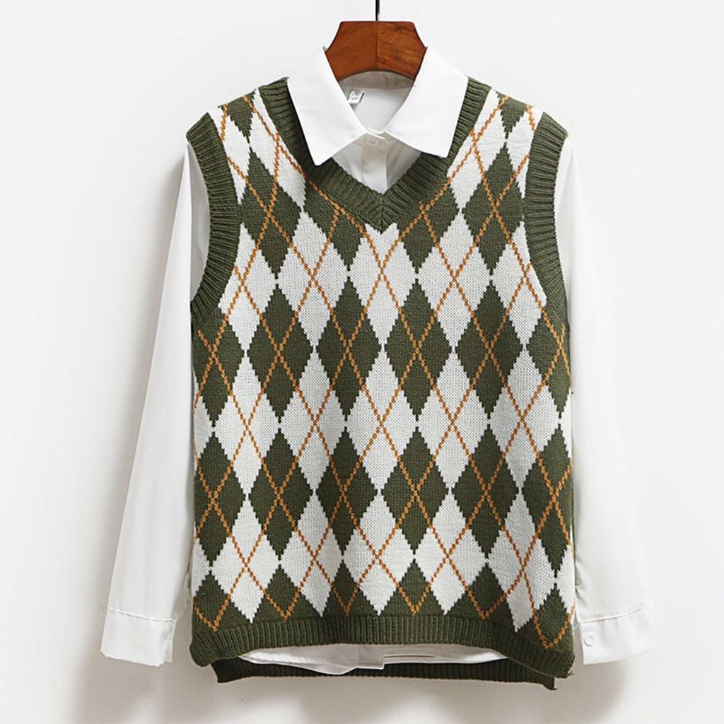 Women's Fashion Diamond Plaid Sleeveless V,neck Loose Student College Knitted Sweater Vest