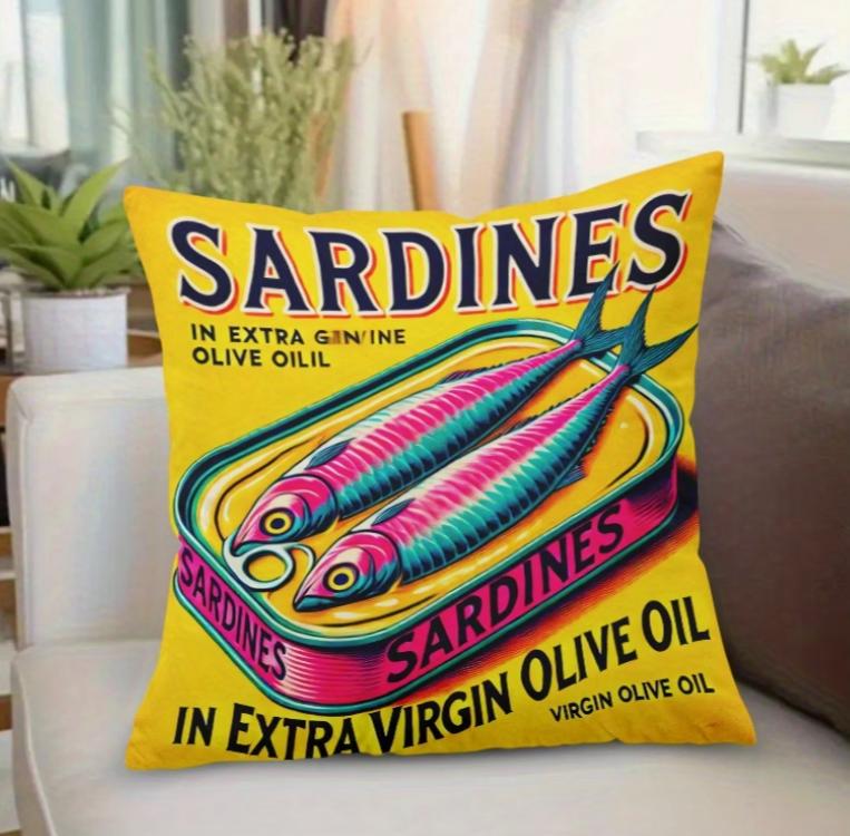 Pillowcase Sardines In Olive Oil, Printed Holiday Theme Cushion Cover With Hidden Zipper Sofa Living Room Office Home Decoration