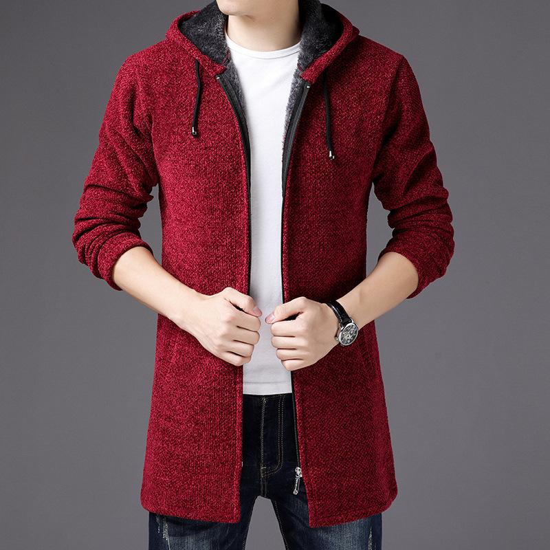 New Chenille Mid-length Plus Velvet Black Hooded Knitted Sweater Jacket Men's Autumn and Winter Cardigan