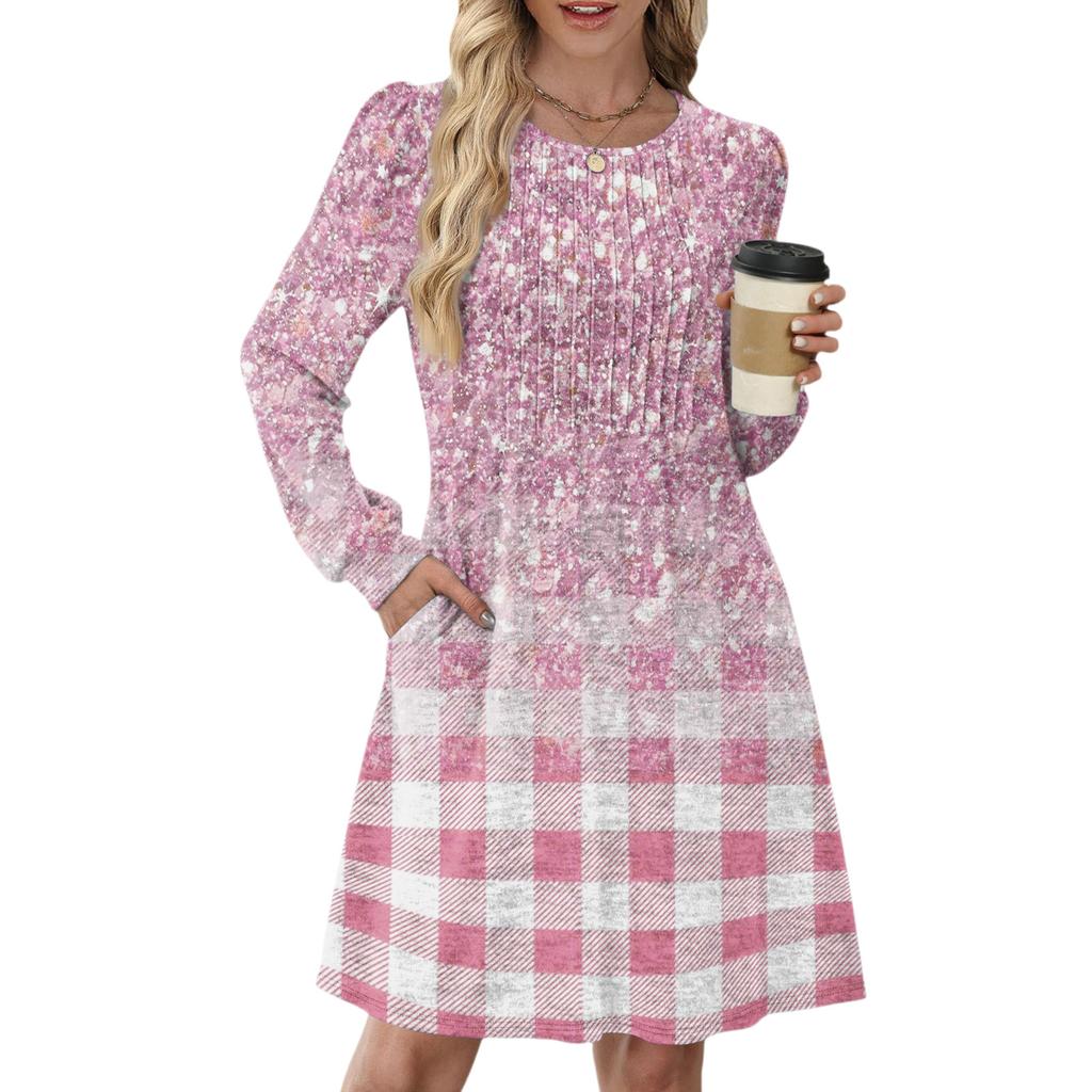 Женское повседневное платье с длинным рукавом, плиссировкой, круглым вырезом, винтажным цветочным принтом и карманами