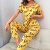 Women's Heart Letter Print Pajamas Set Autumn Short Sleeve Sleepwear Soft Comfort Milk Silk Pajama Pants Loungewear Home Suit