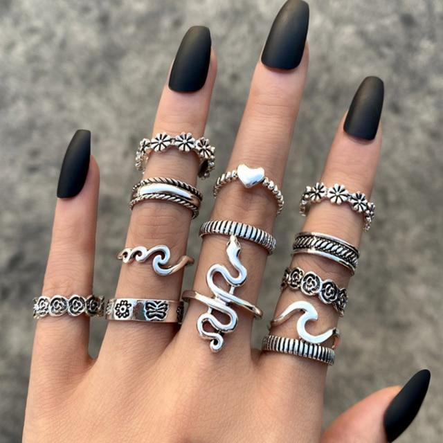 6 шт. Винтажный готический набор колец с бабочкой и цветком, многоэлементный набор для женщин и мужчин, ретро-персонаж, подарки на палец