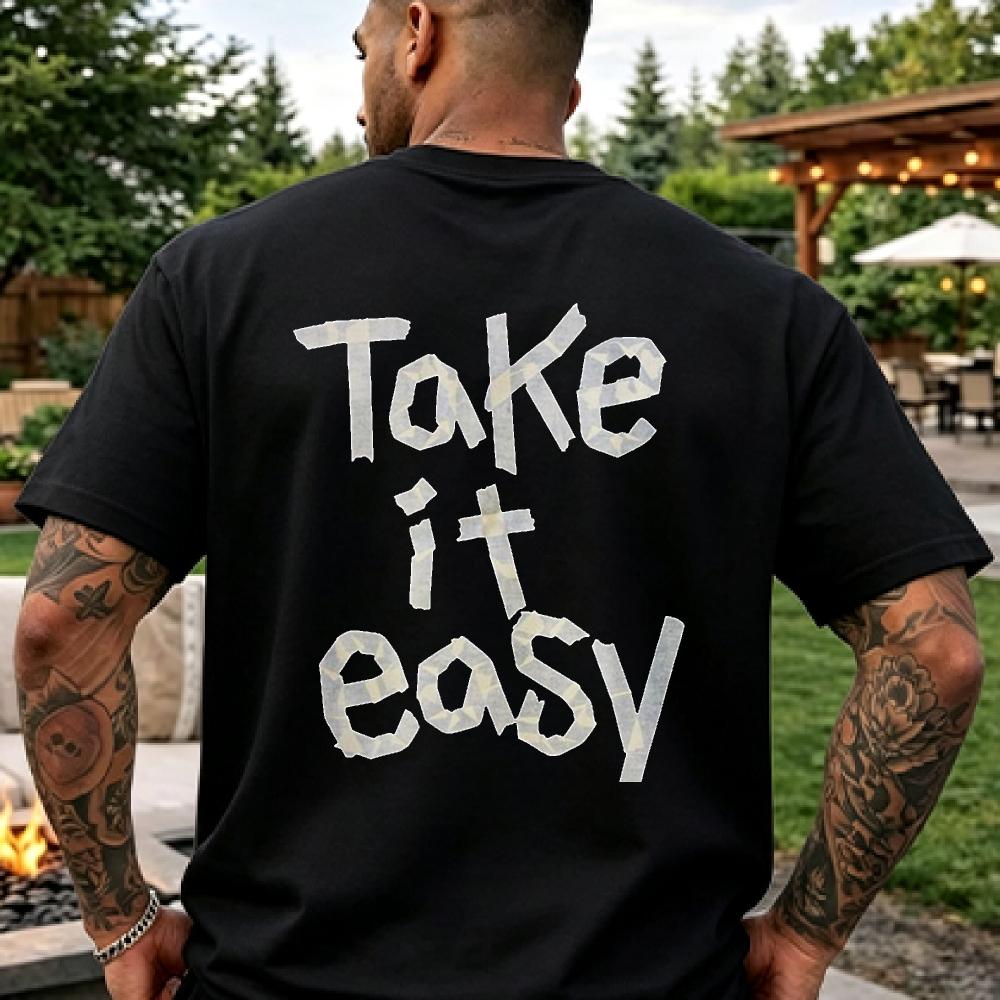 Vintage Take It Easy Relax Quote Graphic Cotton Short Sleeve Tee, Loose Soft Fit Daily Lounge Tee for Men Women