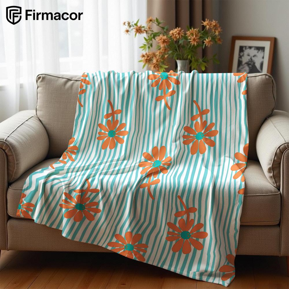 Orange Daisy Stripe Lightweight Microfiber Soft Christmas Fleece Blanket Warm Cozy Throw for Bed Sofa Office Travel All Season