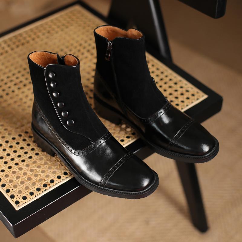 Модные женские ботинки с квадратным носком, зимние, с заклепками, пряжкой, на молнии, броги, ретро, короткие ботинки, толстый каблук, ботильоны, модная обувь из флока для женщин