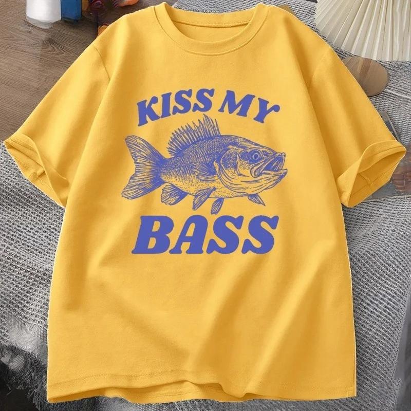 Ретро Футболка для Рыбалки Kiss My Bass Забавная Женская Папа Дедушка Футболка для Рыбалки На Открытом Воздухе Унисекс Юмор Рыбак Унисекс Подарок Одежда Футболка