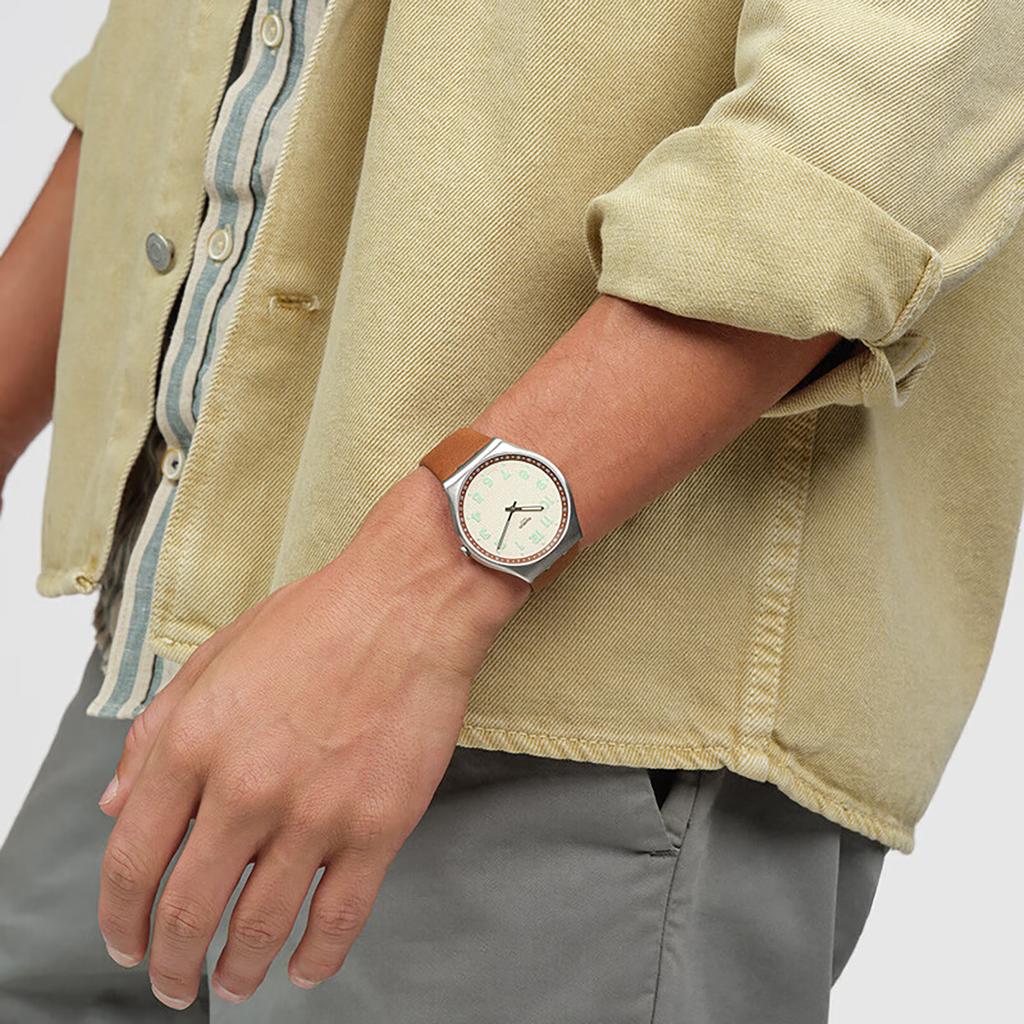 Swatch SKIN IRONY серия кварцевый механизм простой коричневый тон модные светящиеся часы 43 мм бежевый циферблат корпус из нержавеющей стали кожаный ремешок SS07S135