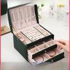Three-Layer Leather Jewelry Box with Lock for Earrings Storage