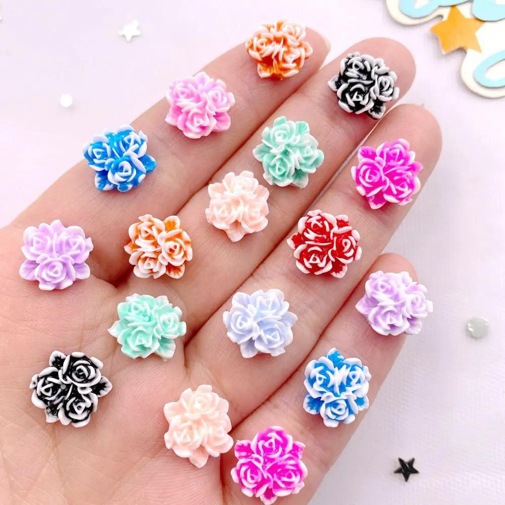 50pcs Mix Resin Mini Colorful Three Leaf Rose Flat Back Flower Figurines Nail Art DIY Wedding Scrapbook Crafts Accessories Decor