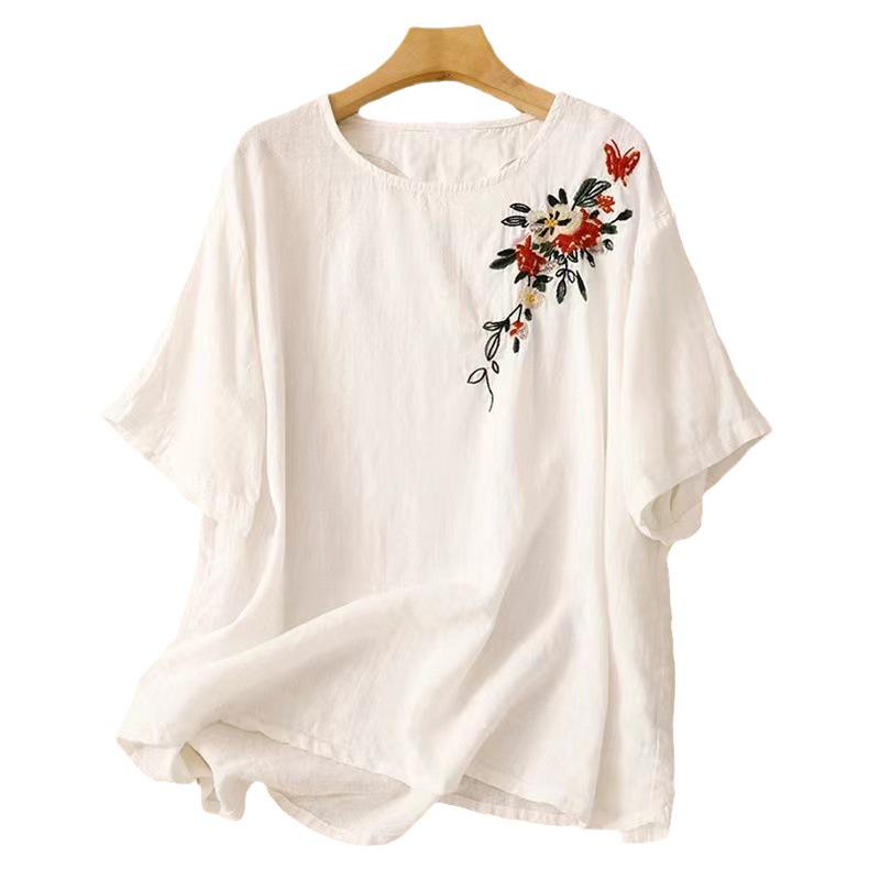 Women's Ethnic Embroidered Cotton-Linen Short Sleeve Loose Top