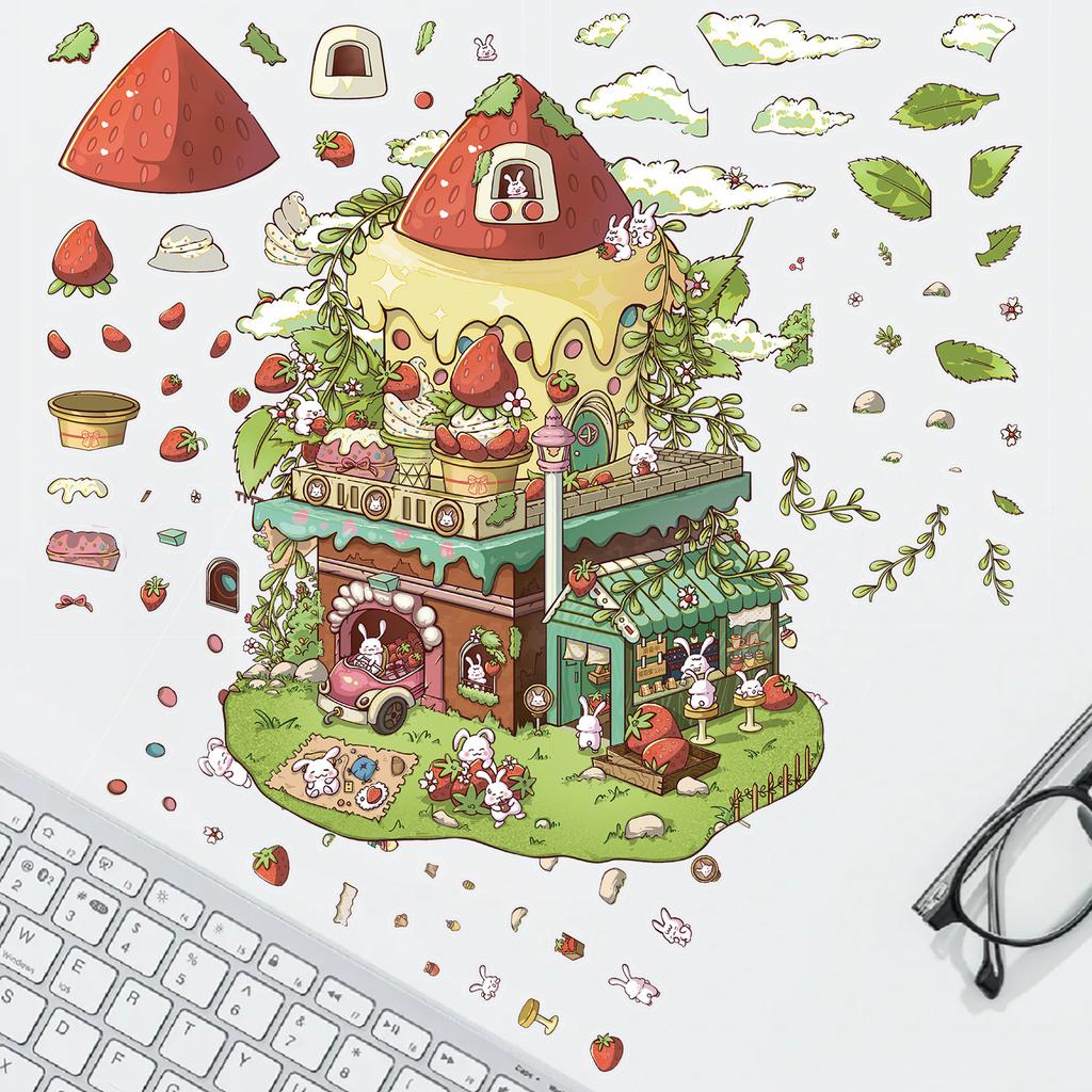 Мультяшный большой клубничный домик, ландшафтная наклейка, 3D миниатюрный мир, расстегнутый, сцена для DIY, инструкция