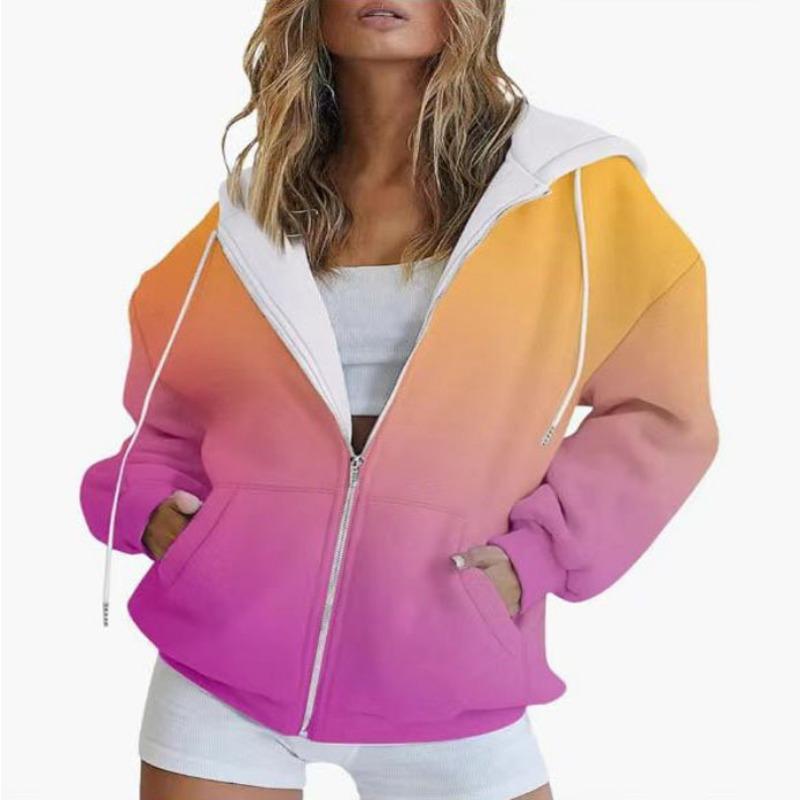 Autumn New Gradient Print Casual Long-sleeved Zipper Hoodie Sweatshirt Women's Fashionable Loose Casual Top