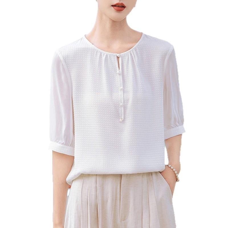 Шелковая рубашка женское платье новая шелковая рубашка темперамент круглый вырез уменьшающая возраст шелк-тутовый короткий рукав топ