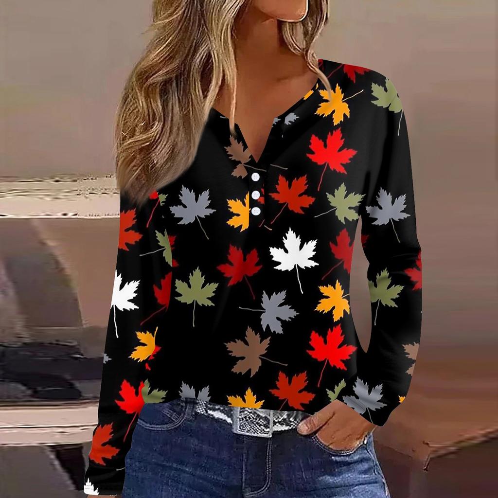 Жен. Футболка Футболка на пуговицах с длинным рукавом Повседневные Выходные Мода Классический Топ с v-образным вырезом Обычный