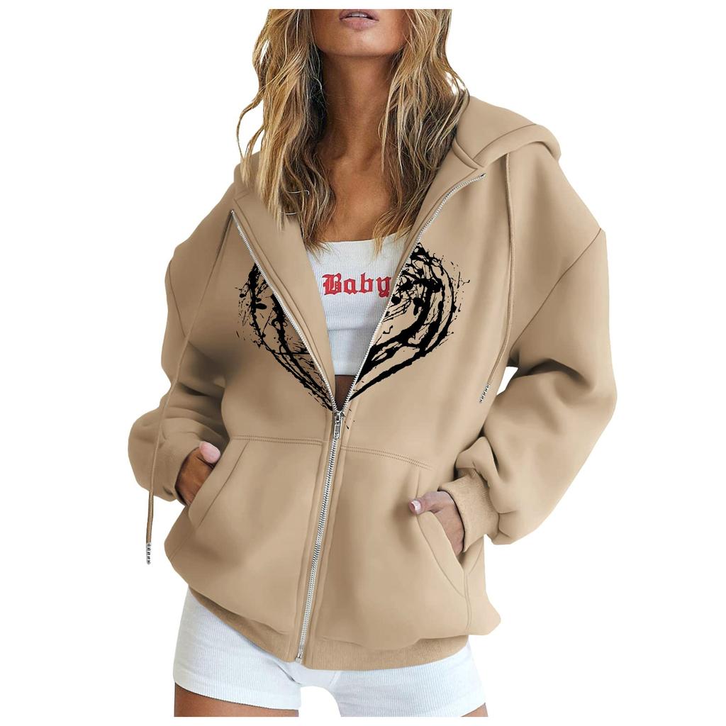 Женская мода Свободная повседневная куртка-свитер с капюшоном и длинным рукавом с принтом