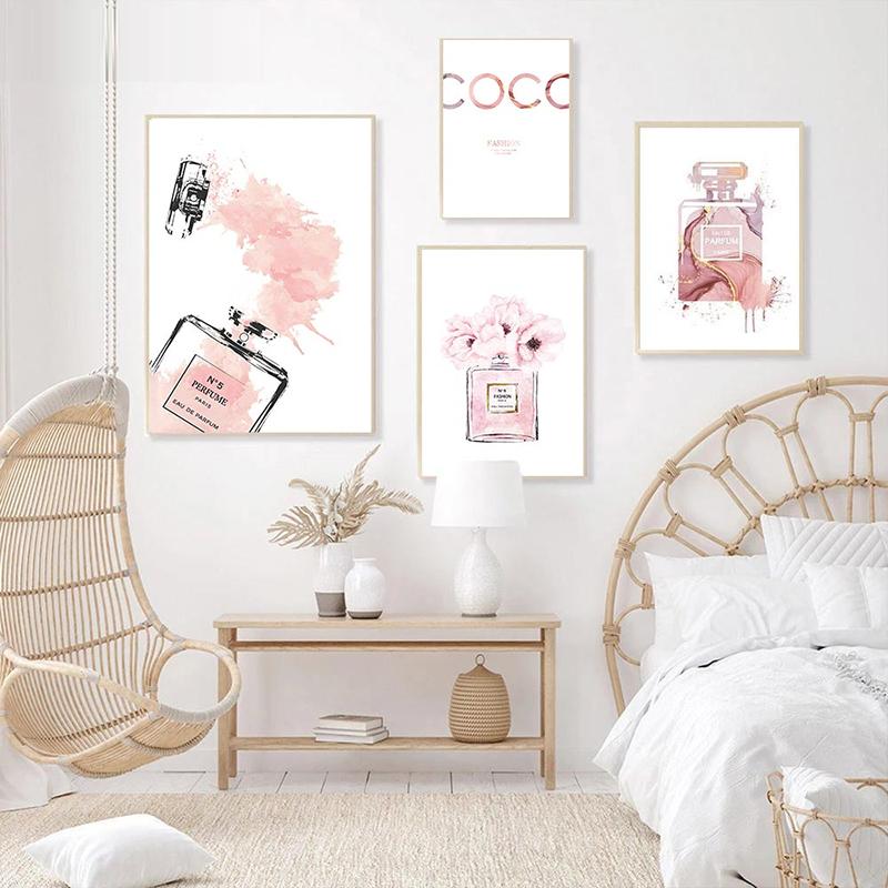Скандинавские розовые модные настенные постеры, флакон духов, холст, картина, губы, настенное искусство, современный цветочный принт, фотографии, декор для спальни для девочек