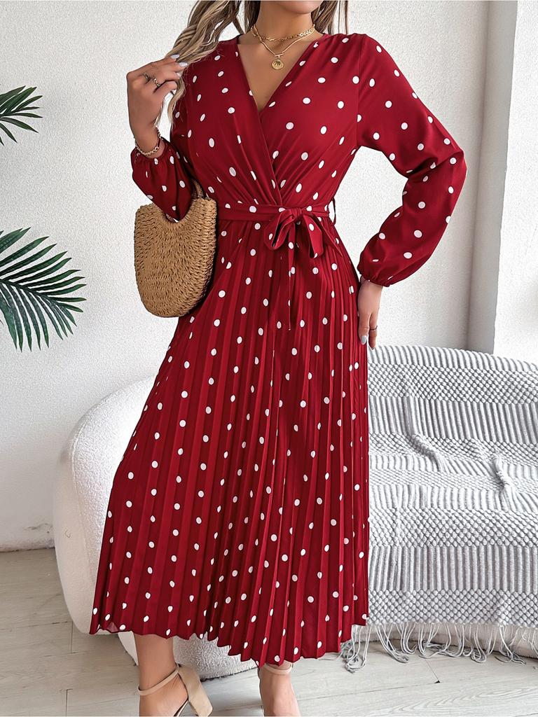 V Neck Printed Overlapping Dress Waist Hugging  Elegant Pleats Wave Point Dress for Women Long Sleeve Loose Dresses Causal Dress