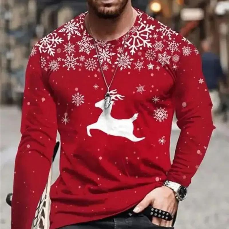 Новый год мужской рождественский Санта праздничный узор мода повседневный О воротник длинный рукав свободный уличный индивидуальный веселый плюс размер топ