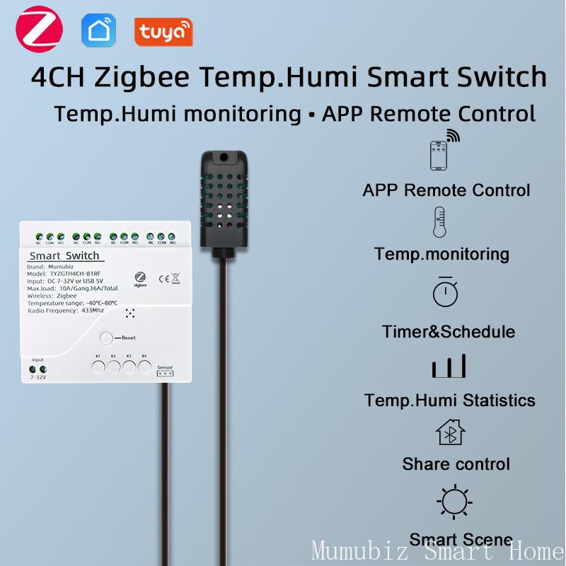 Tuya Smart TH10 Zigbee 4-канальный переключатель с датчиком температуры и влажности Пассивный сухой контакт Zigbee реле Работает с Alexa