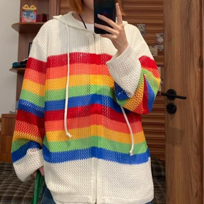Dopamine Striped Knit Hooded Cardigan Loose Contrast Color Long Sleeve Top Men Women