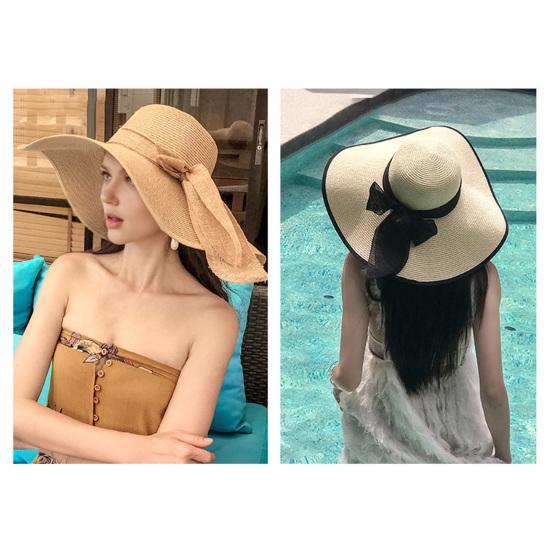 Women Straw Hat Wide Brim Breathable Lightweight Sun Protection Hat with Lace-up Bowknot Decor Sun Hat