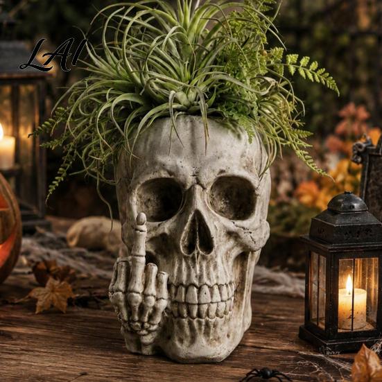 Vintage Weathered Statue Gothic Skull Planter with Middle Finger Design Resin Skeleton Flower Pot for Succulents Funny Plant Ornament Halloween Home