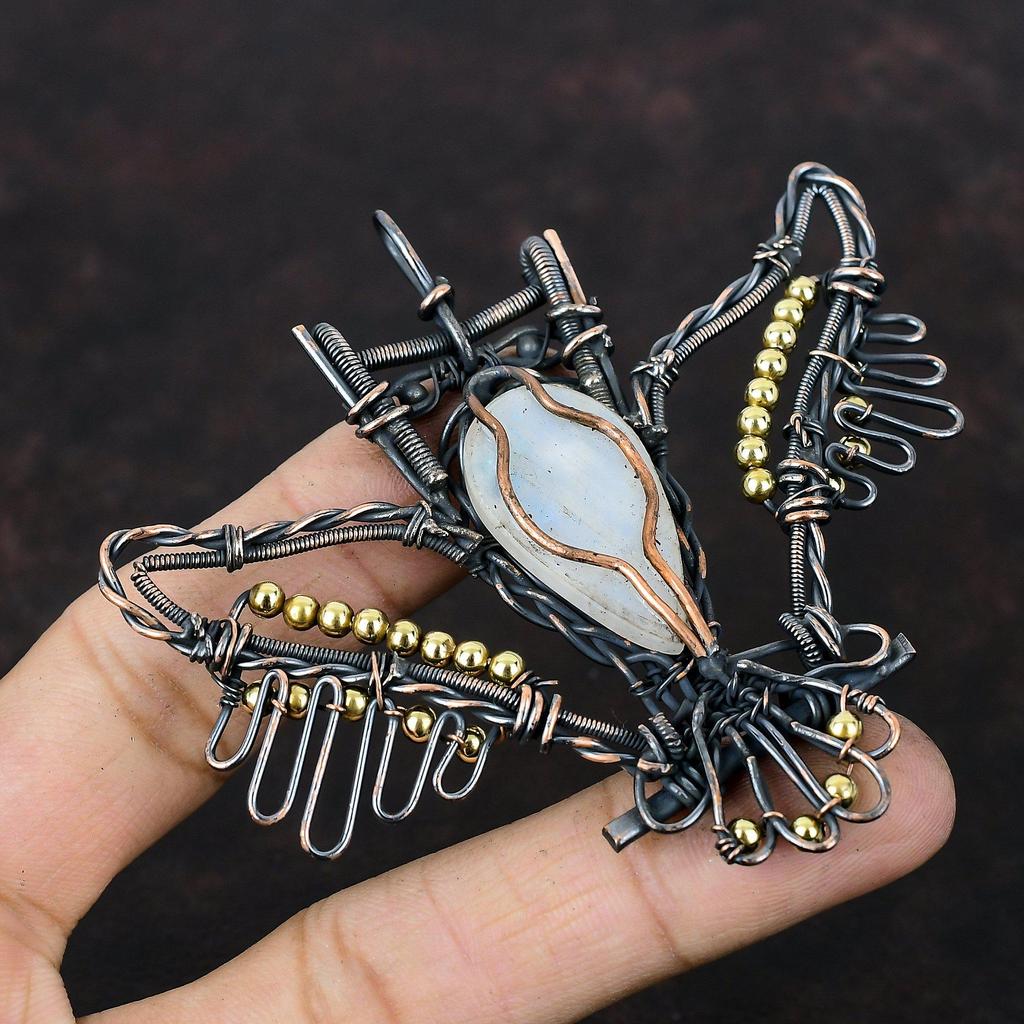 Радужный лунный камень, медный кулон, проволочная обертка, сова, медные украшения, драгоценный камень, кулон, лунный камень, украшения ручной работы, кулон, подарок для матери